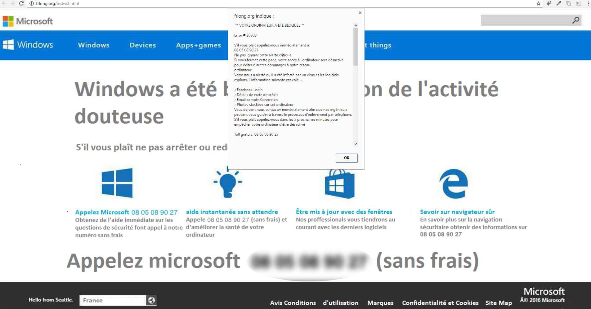 Exemple d'arnaque au faux support informatique