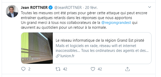 Capture d'écran du Tweet de Jean Rottner concernant la cyberattaque de la région Grand Est